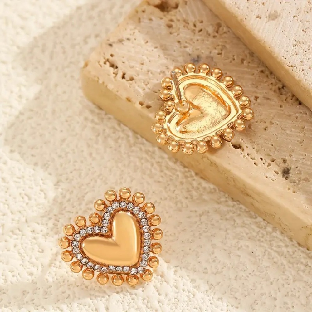 Gold Rhinestone Heart Stud Earrings - Picture 5 of 5